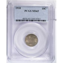 1910 BARBER DIME PCGS MS65 GEM, SUPER COLORS!