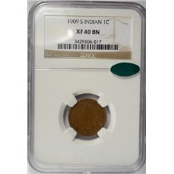 1909-S INDIAN ONE CENT NGC XF 40 CAC APPROVED