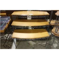 3 WROUGHT IRON & WOOD 3 TIER DISPLAY TABLES