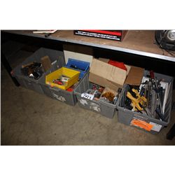 4 BINS OF ASSORTED CLAMPS AND TOOLS