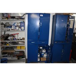 LARGE BLUE 4 DOOR 1 DRAWER PARTS CABINET WITH CONTENTS