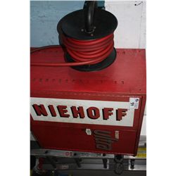 RED 2 DOOR CABINET AND CAMPBELL HAUSFELD AIR HOSE ON REEL
