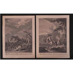 2 Antique French Military Prints w/ Dog & Falcons