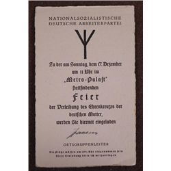NAZI NSDAP DER DEUTSCHEN MUTTER AWARD DOCUMENT-SIGNED O