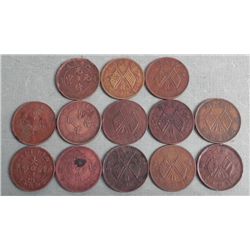 13 Old Chinese Coins Early 1900s, Tai Ching Copper