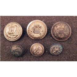 6 Civil War Eagle Gilt Coat Buttons Large, Small