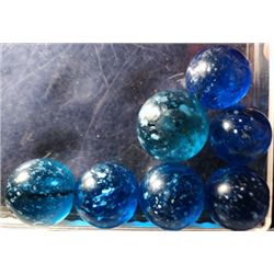 Marbles: Lot 114. Mica. 7 Marbles. Blue. All have some damage.