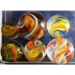 Marbles: Lot 175. 5 Swirls. Latticinio Core. Yellow. 9/16"-27/32". Mint & NM+.