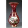 Image 1 : OVERLAY RUBY GLASS VASE Bohemian. Circa 1910. Overlaid with a white circular panel painted with f...