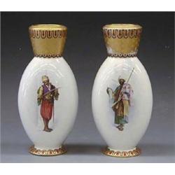 PAIR OF CONTINENTAL PORCELAIN VASES Probably French. Circa 1900. Painted after Gerome. Each with...
