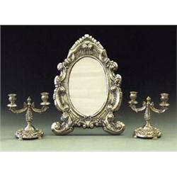 THREE PIECE CONTINENTAL SILVER DRESSING TABLE GARNITURE Portuguese. Oporto. 20th Century. (.833 F...
