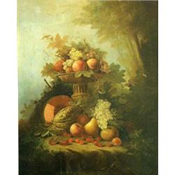 ITALIAN SCHOOL (19th Century) "Still Life of Fruits on Ledge". Unsigned. Oil on Canvas. Measuring...
