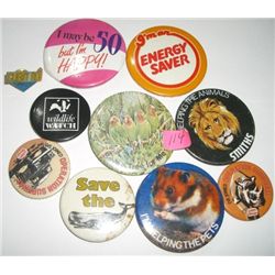 10 TOTAL ASSORTED VINTAGE BUTTONS & PIN INCLUDES *SAVE THE WHALES* & ENVIROMENTAL BUTTONS!!