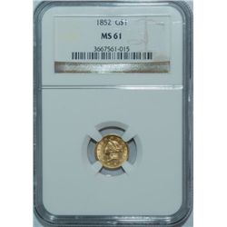 1852 BU GOLD DOLLAR NGC MS61 PROBLEM FREE UNC COIN!