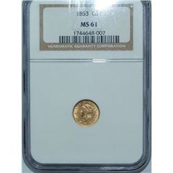 1853 GOLD DOLLAR NGC MS61 PROBLEM FREE UNC BU COIN W/ BLAZING LUSTER