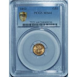 1853 GOLD DOLLAR PCGS SECURE PLUS MS64 NEAR GEM UNC COIN