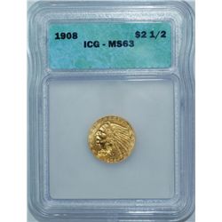 1908 ICG MS63 $2.50 2 1/2 GOLD QUARTER EAGLE W/ STRONG CARTWHEEL LUSTER