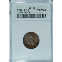 1919 S LINCOLN CENT ANACS VF20 STRUCK OFF CENTER ERROR