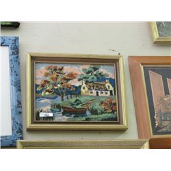 FRAMED PICTURE - NEEDLE POINT - CABIN & RIVER