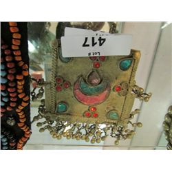 AMULET - INDIAN - SQUARE - RED & GREEN  - PINK CRESCENT MOON - (SOME STONE LAY BE MISSING)