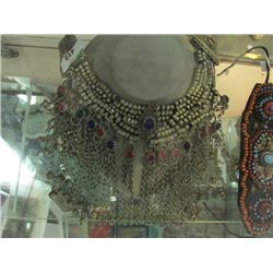INDIAN CHOKER - CHAINS HANGING DOWN WITH GHUNGRUS (SMALL BELLS) - RED, BLUE & GREEN BEADS (SOME MAY 
