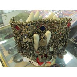 INDIAN CHOKER - CHAINS HANGING DOWN WITH COINS - RED, BLUE & GREEN GEMS (SOME MAY BE MISSING)