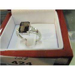 RING - BROWN QUARTZ (EMERALD CUT) WITH 6 DIAMONDS - CERTIFICATE - $550