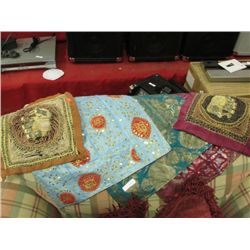 HAND CRAFTED GUILTED ELEPHANT MINI TAPESTRY - (2) AND THREE HAND CRAFTED CUSHION COVERS - 5 PC TOTAL