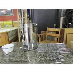 LADDLE, STAINLESS STEEL GARBAGE CAN AND HAMBURGER CAMP FIRE COOKER