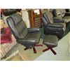 Image 2 : SCANDANAVIAN STYLE SWIVEL RECLINING CHAIR - BLACK LEATHER - CHERRY ACCENT BASE & MATCHING OTTOMAN