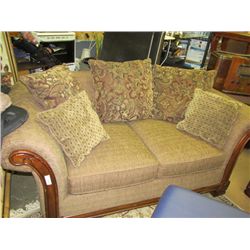 ELEGANT WOOD ACCENT UPHOLSTERED LOVESEAT WITH MANY ACCENT CUSHIONS