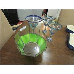 LEADED GLASS BOWL - GREEN PLUS 3 MARTINI GLASSES