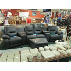 HOME THEATRE SET - BLACK LEATHER - BOTH ENDS RECLINE - STORAGE CONSOLES BUILT IN - NEW - RETAIL ~$24
