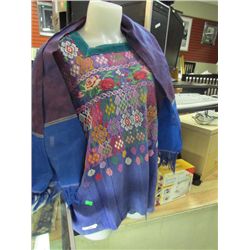 HAND CRAFTED INDIAN DESIGN SHIRT - 2 TOTAL PLUS BLUE SCARF and  HAND CRAFTED TABLE COVER - RED & BLA