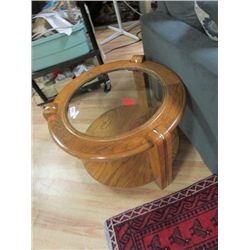 ROUND GLASS TOP & OAK FINISH END TABLE