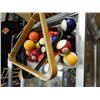 Image 1 : BIN OF ASSORTED POOL BALLS & 2 TRAINGLES