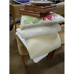 STACK OF LINEN, NEEDLE POINT CUSHION, 2 PCITURES & PLAQUE