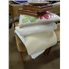 Image 1 : STACK OF LINEN, NEEDLE POINT CUSHION, 2 PCITURES & PLAQUE