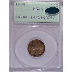 1890 SEATED DIME PCGS MS 64 CAC! SUPERB! RATTLER