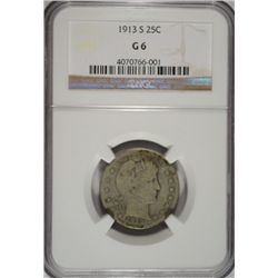 1913 S BARBER QUARTER NGC G-VG 6, NICE!