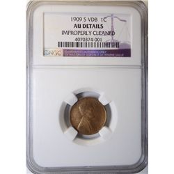 1909-S-VDB LINCOLN ONE CENT NGC AU, CLEANED