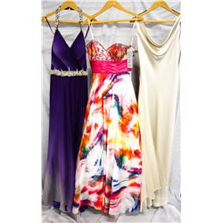 Lot [3] DRESSES:  [1] Jovani purple gown, size 6, [1] Favaina white print gown, size 6 and [1] ABS i