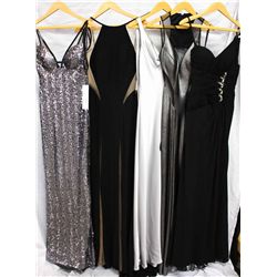 Lot [5] DRESSES:  [1] Faviana silver dress, size 6, [1] Jovani sheer detailed dress, size 6, [1] Sil