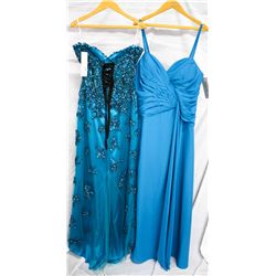 Lot [2] DRESSES:  [1] Turquoise strapless flower dress, size 14 and [1] Faviana turquoise dress, siz