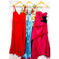 Lot [3] DRESSES:  [1] Faviana red gown, size 12W, [1] Yolanda Arce turquoise dress, size Small and [