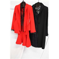 Lot [2] PIECES:  [1] Louise red jacket and skirt, size 10 and [1] Louise black wool knee coat, size 