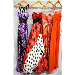 Lot [4] DRESSES:  [1] Faviana purple/black dress, size 0, [1] Faviana polka dot dress, size 0, [1] F