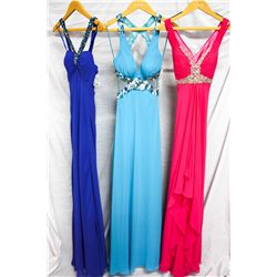 Lot [3] DRESSES:  [1] Faviana royal blue multi bead gown, size 0, [1] Faviana halter sky blue dress,