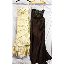 Lot [2] DRESSES:  [1] Faviana champagne dress, size 4 and [1] Juan Carlos Pinera brown dress, size M