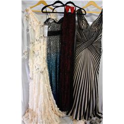 Lot [4] DRESSES: [1] Striped V Neck gown, size 8, [1] Faviana strapless bead brooch, size 8, [1] Pea